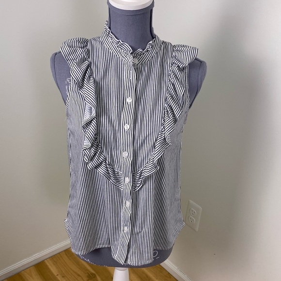 Passport Tops - Passport blue white stripe ruffle button down top